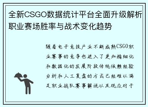 全新CSGO数据统计平台全面升级解析职业赛场胜率与战术变化趋势