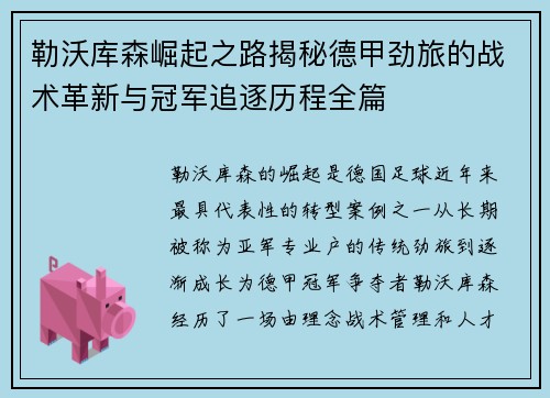 勒沃库森崛起之路揭秘德甲劲旅的战术革新与冠军追逐历程全篇
